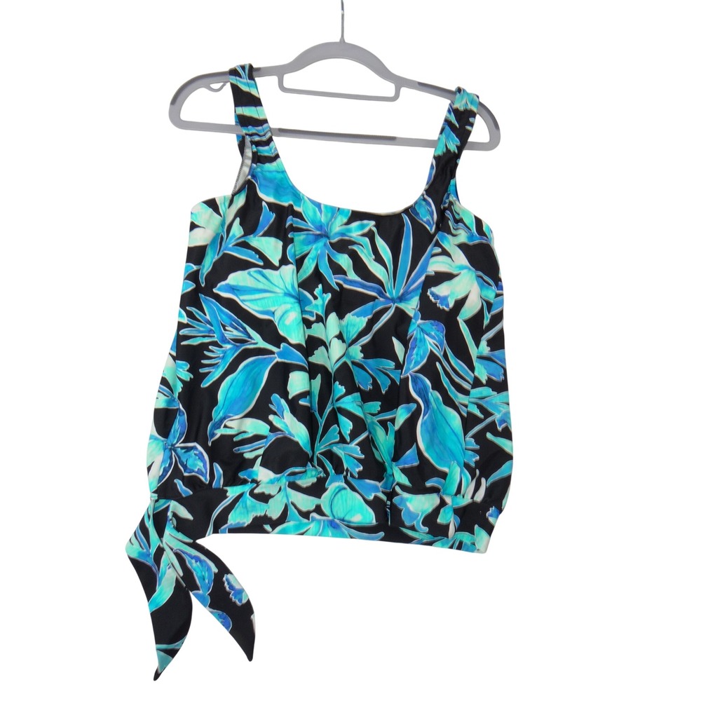 Maxine of Hollywood Womens Blue Tropical Floral Blouson Tankini Top Size L 3562